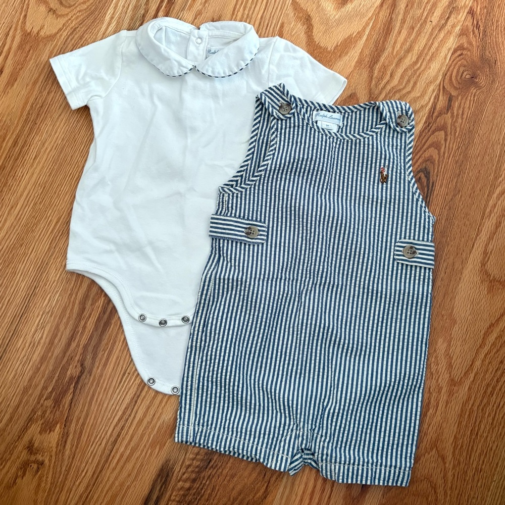Ralph Lauren Seersucker Set - bodysuit and overalls size 9m baby